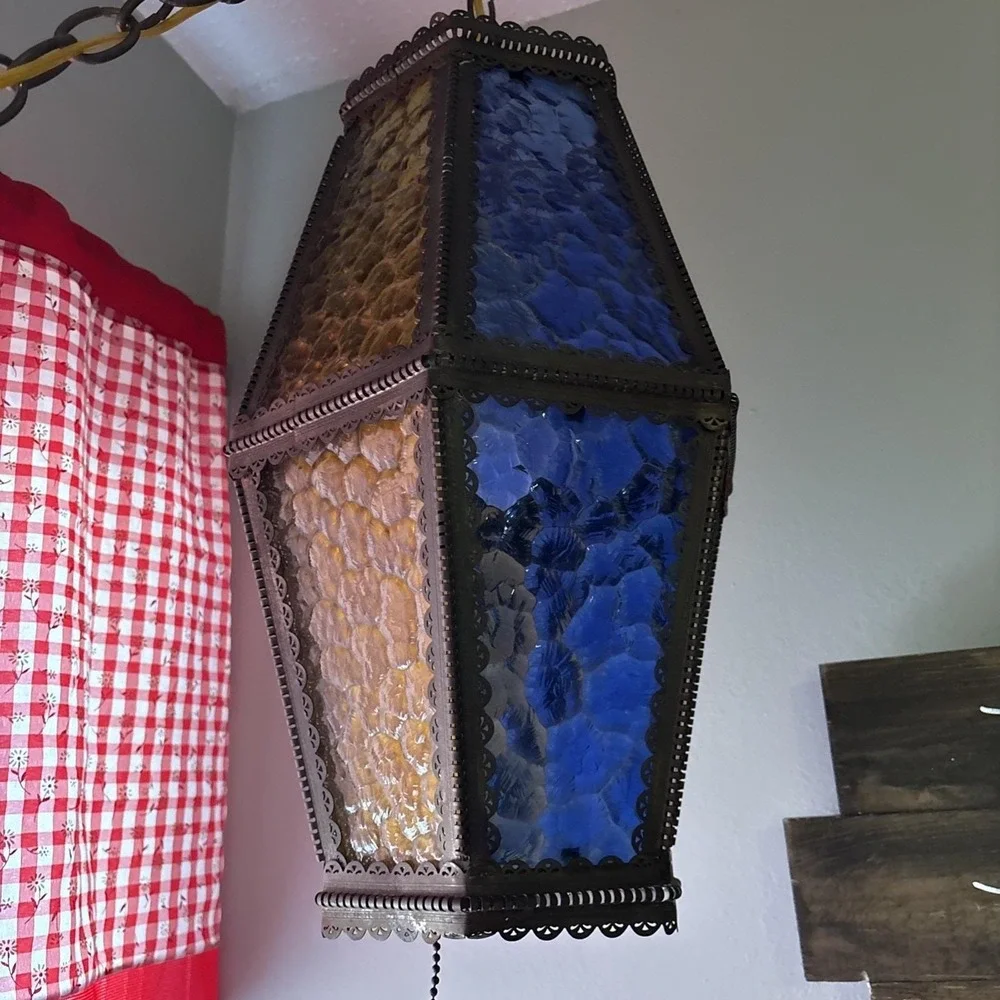 Vtg Mid Century 2 Color Blue Gold Brass Swag Lamp Pendant MCM Hollywood Regency